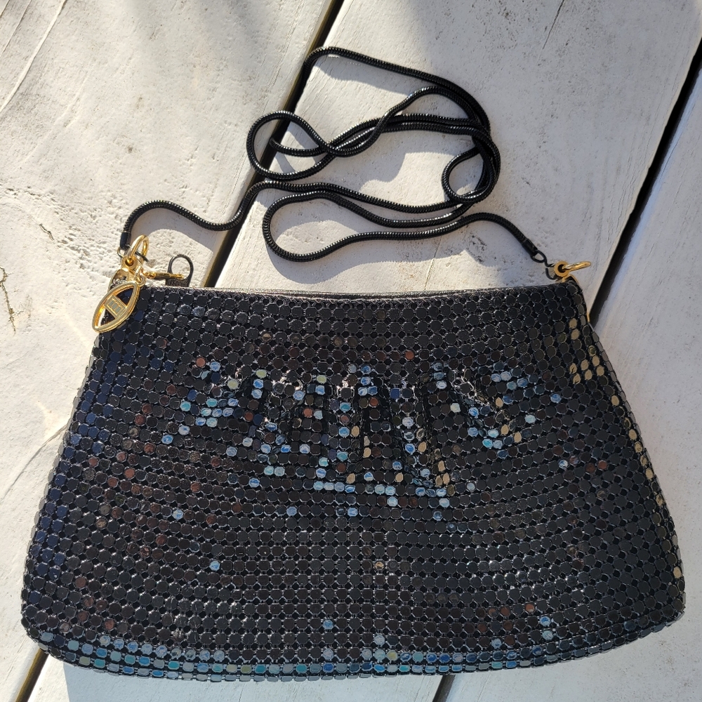 Black Mesh Evening Bag ~ Glam! ~ Made in Hong Kong 1960s-70s? ~ Shoulder Chain